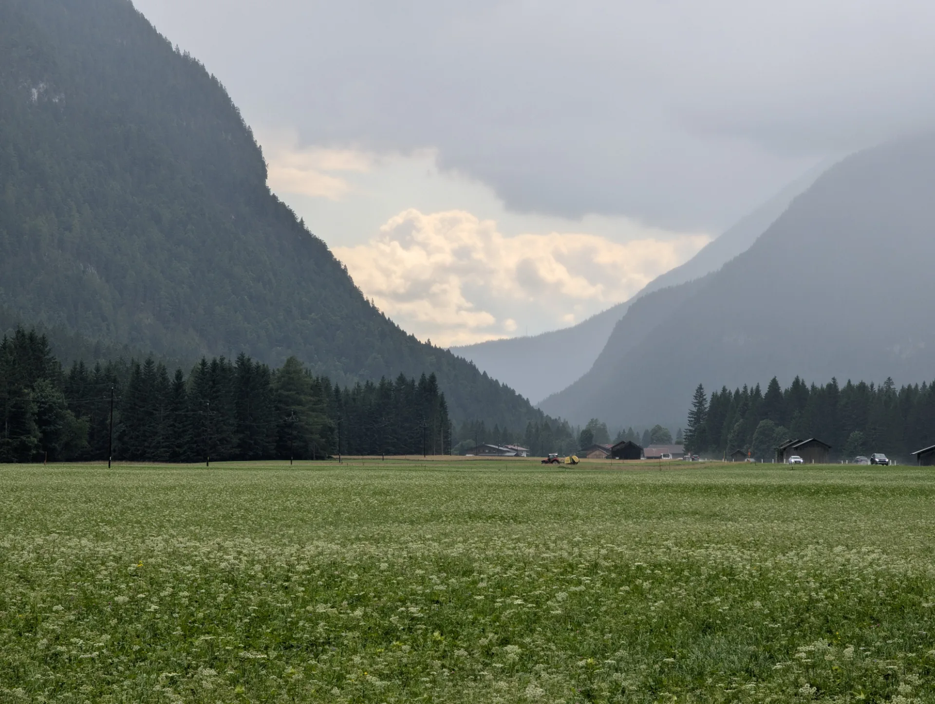 Bergtal mit Heuernte vor wolkenverhangenen Bergen