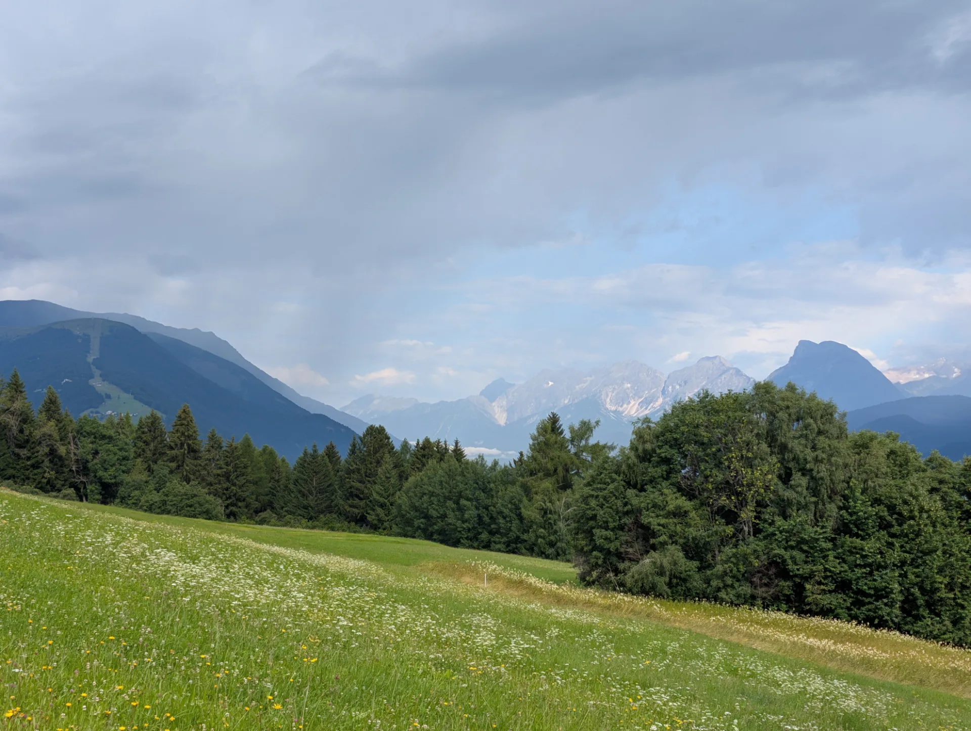 Almwiese vor Bergmassiv mit Wolken
