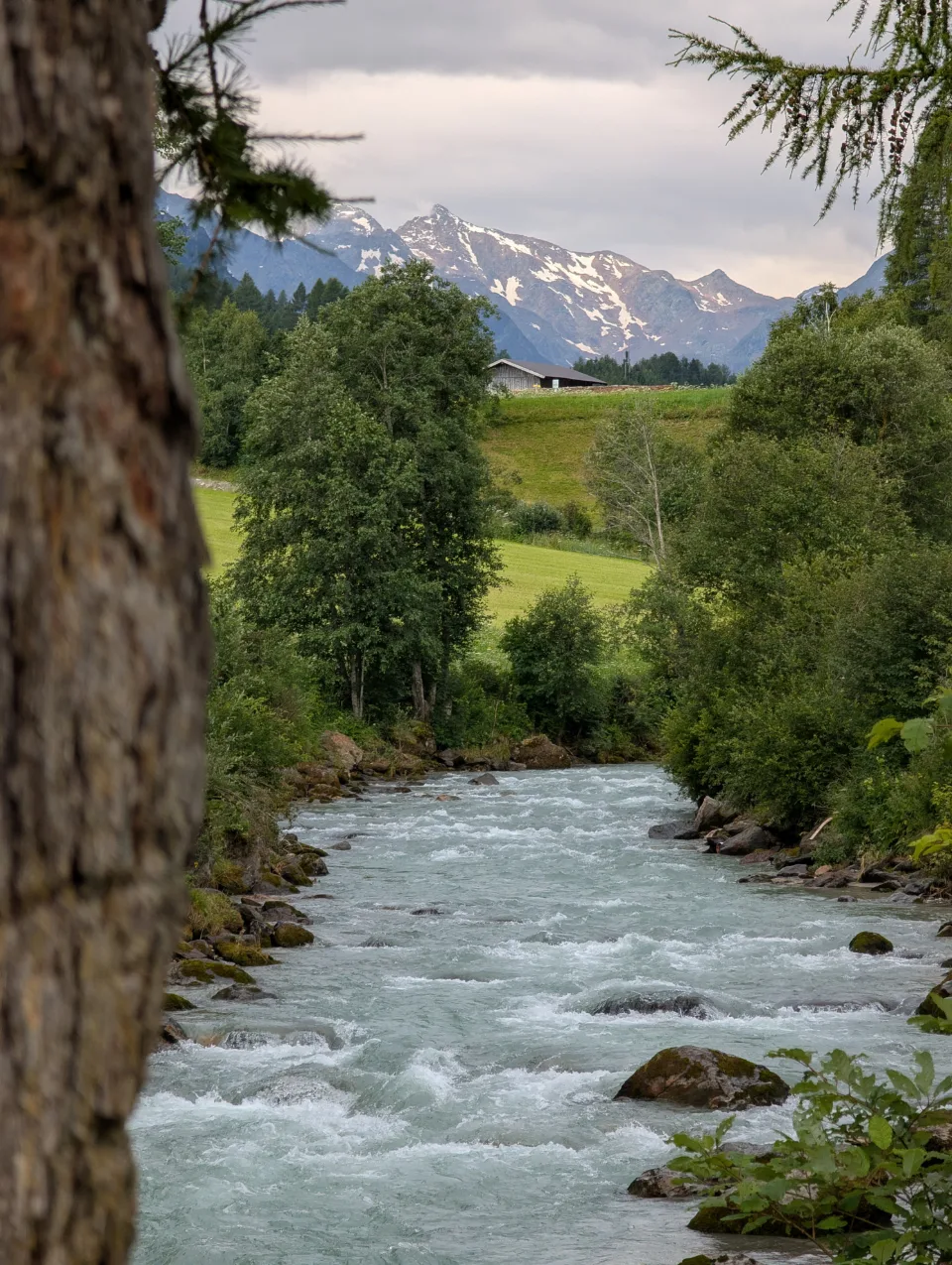 Wildbach mit schneebedecktem Massiv und Almhaus