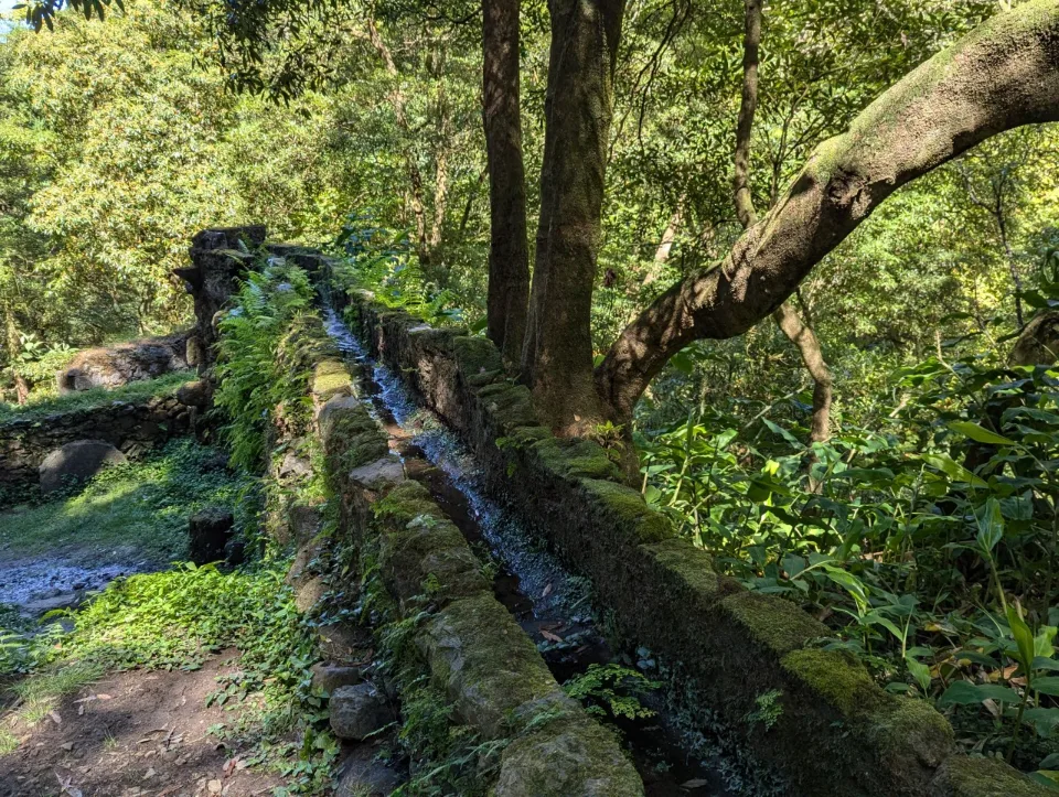 Steinerner Wasserkanal der alten Mühle im Wald