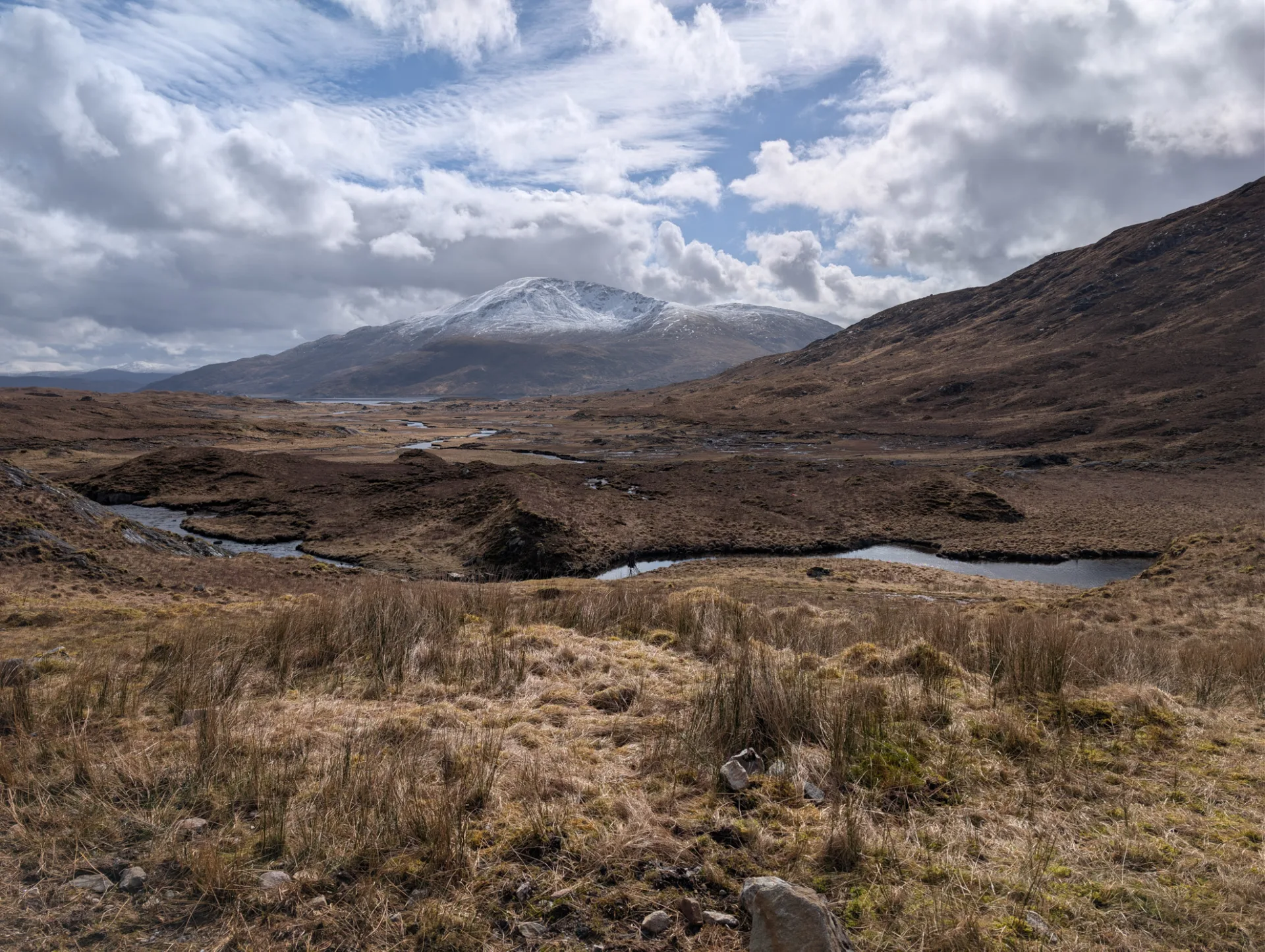 Hochmoor mit Lochs vor verschneitem Berg