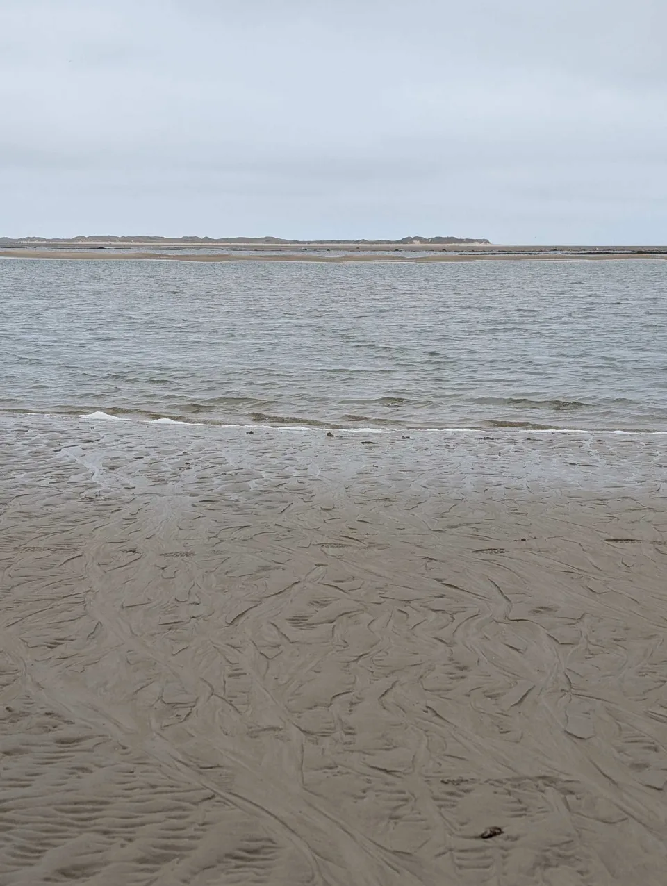 Geriffelter Sand und flache Priele bei ablaufendem Wasser.