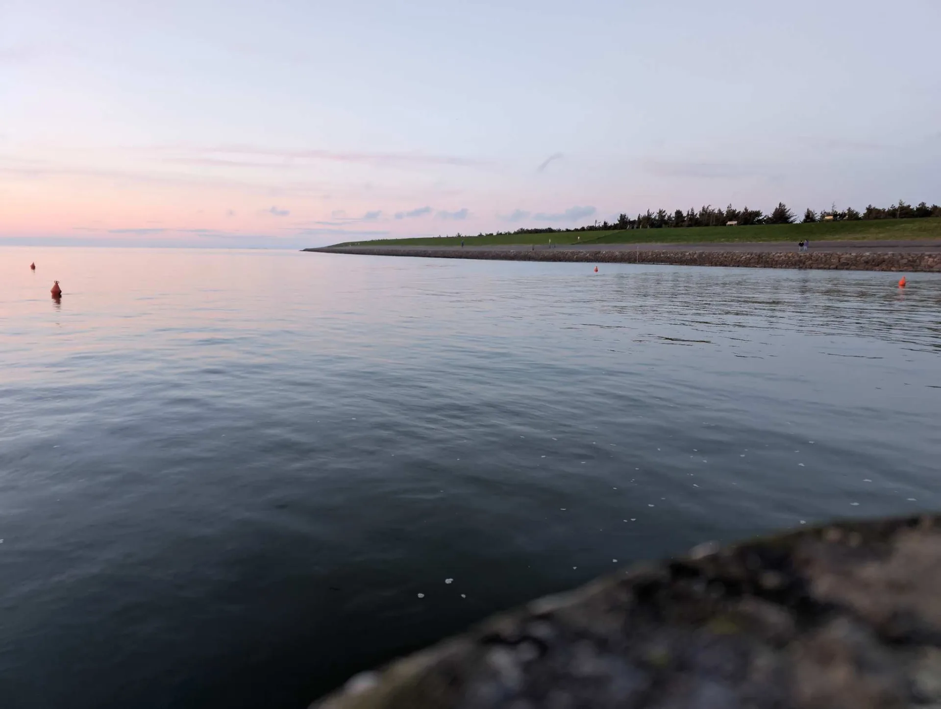 Stille nach Sonnenuntergang: pastellener Himmel über dem Wasser, dahinter die baumbestandene Deichlinie.