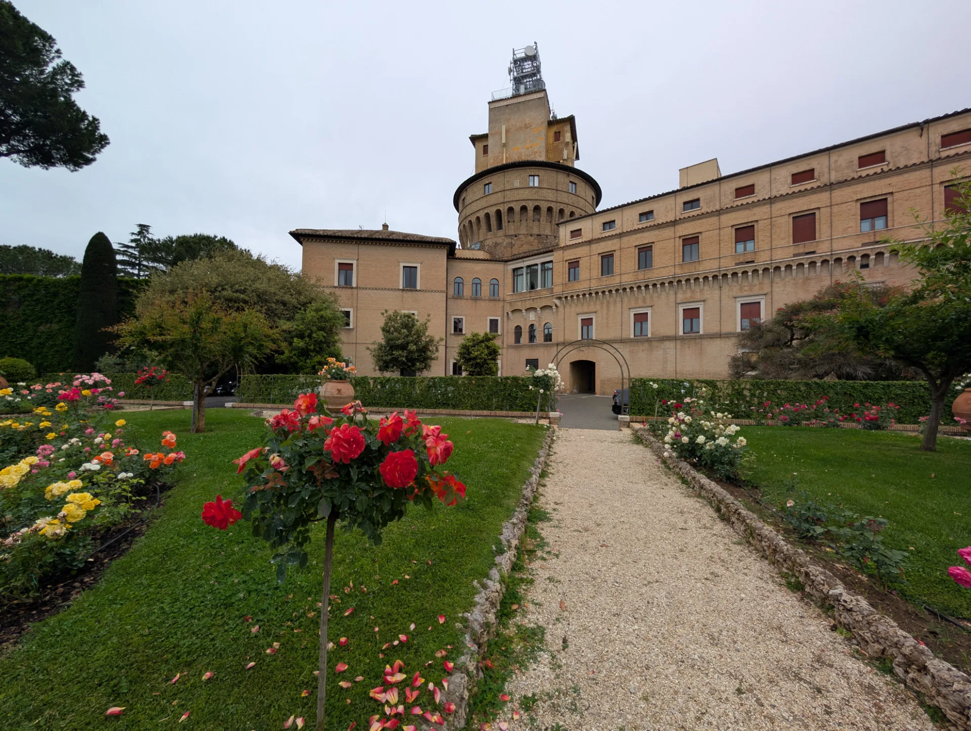 Rosenpark in den Vatikanischen Gärten — der Papst-Palazzo dahinter