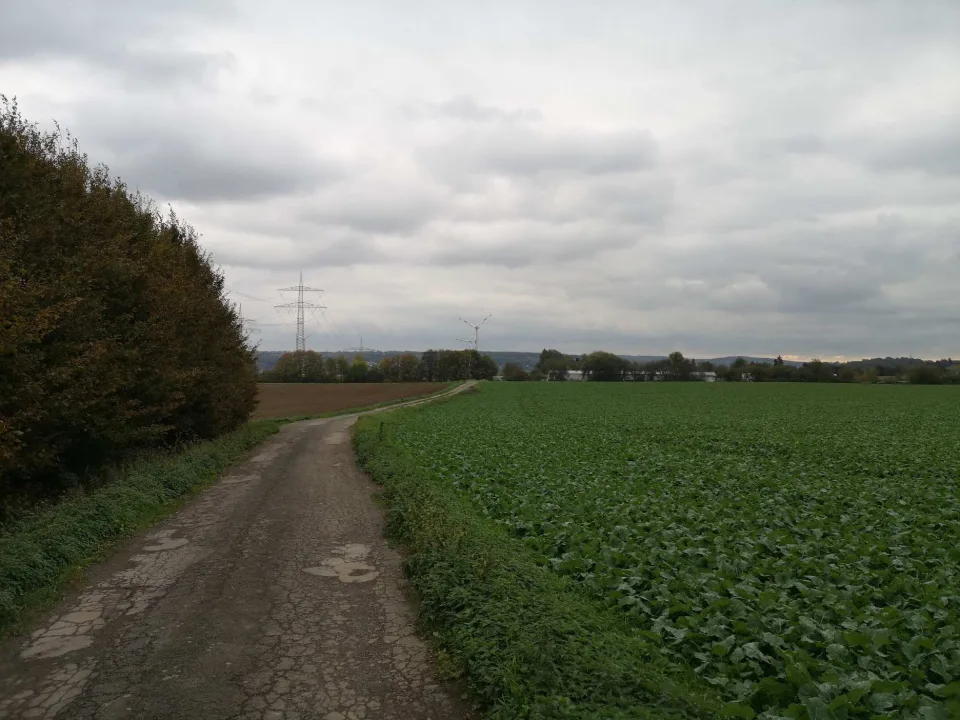 Ein Feldweg am Acker unter weitem Himmel; bis Witten ist es noch ein gutes Stück.