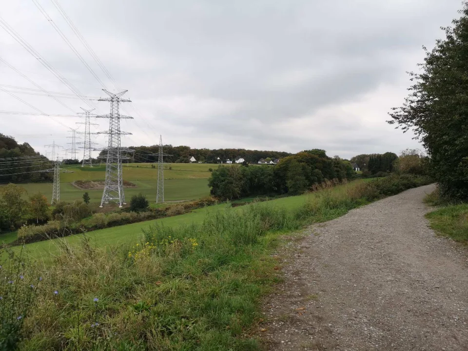 Hochspannungsleitungen über den Feldern — auch das gehört zur Landschaft rund um die Stadt.