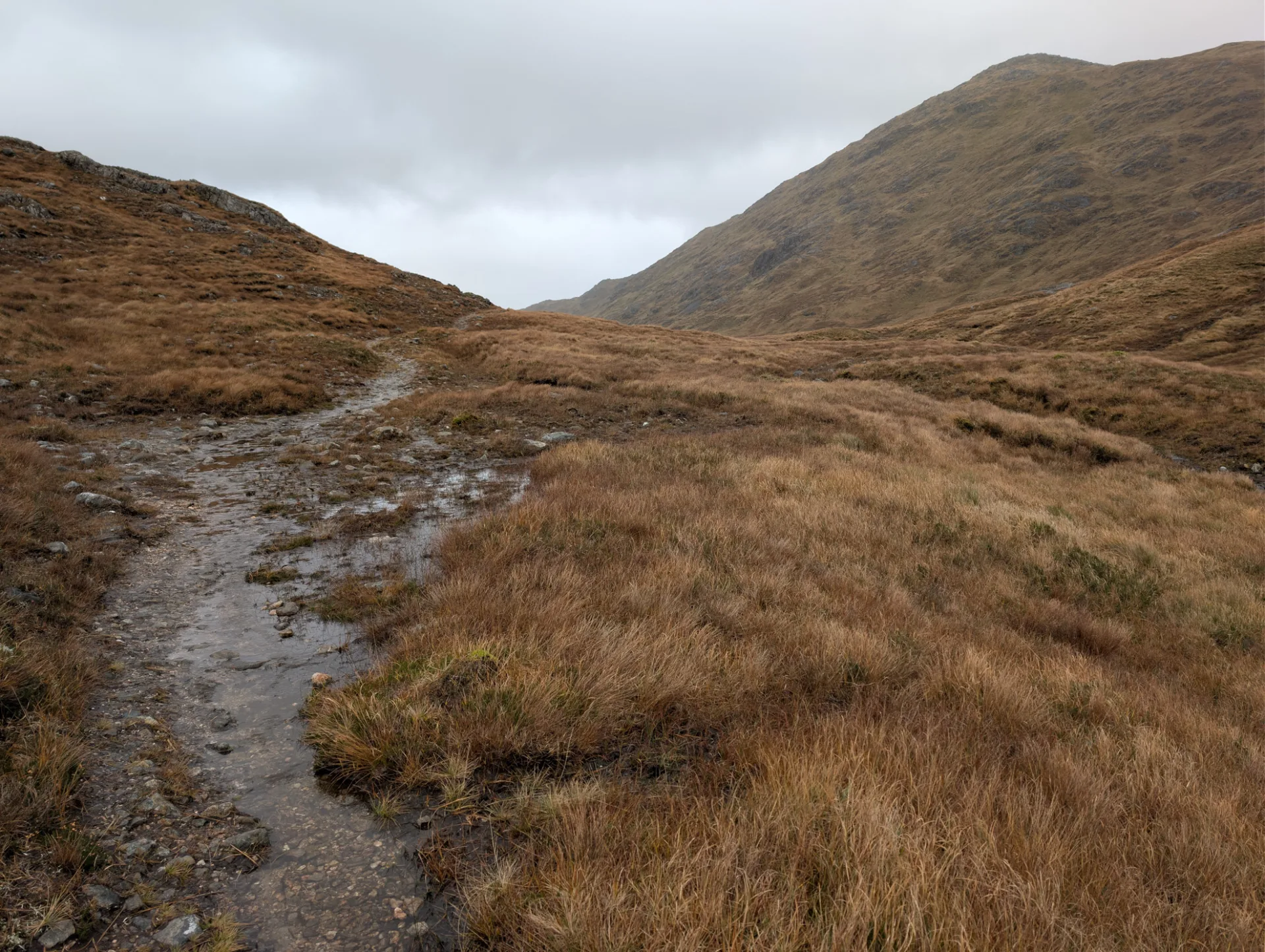 Wet trail — der Pfad steht voll Wasser, die Berge bleiben in Wolken