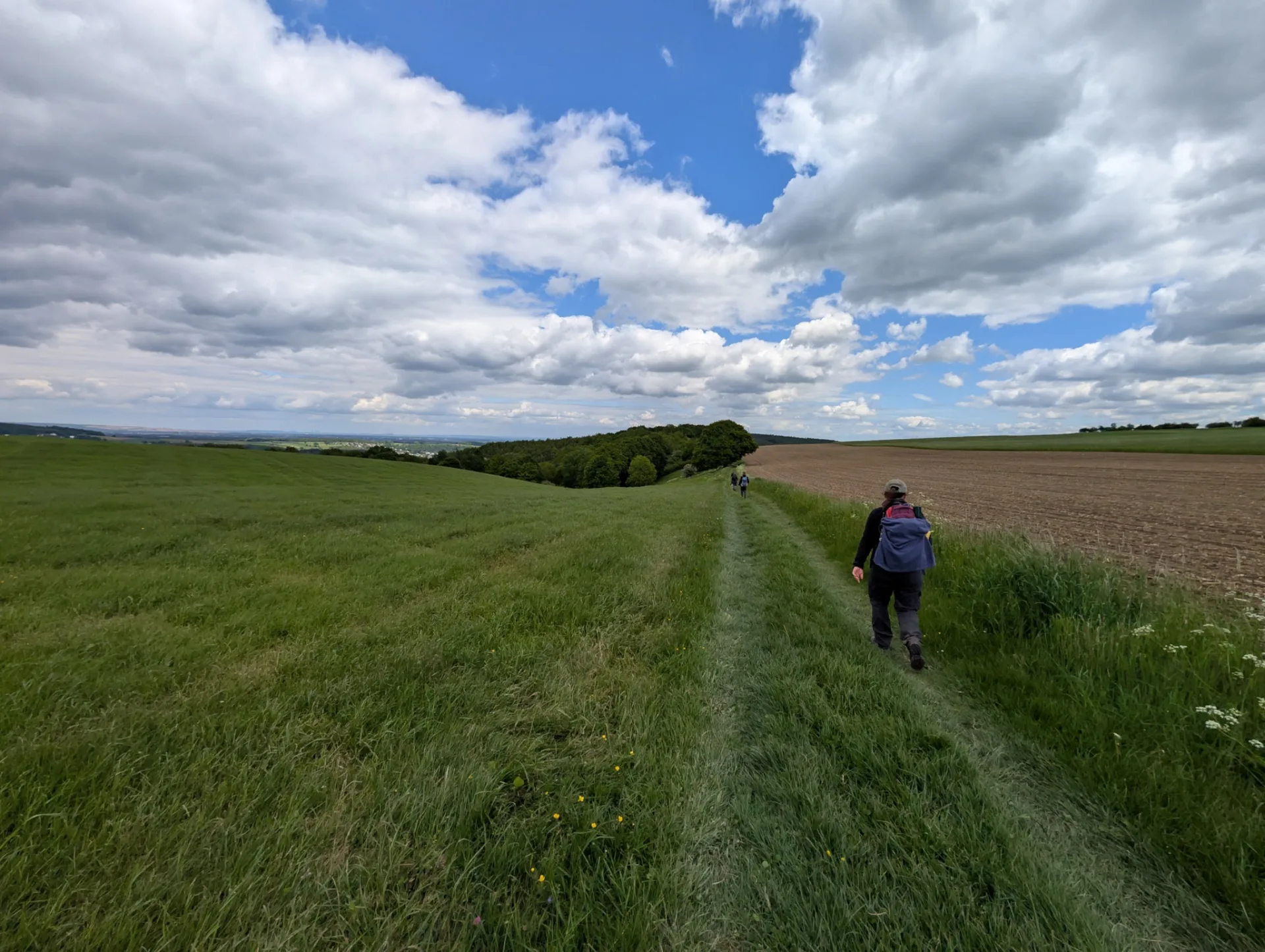 Einzelner Wanderer auf einem Grasweg zwischen Wiese und Acker, weiter Himmel mit dicken Wolken.