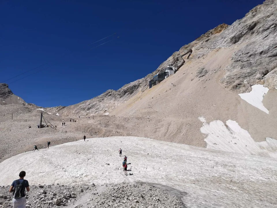 Das Zugspitzplatt: ein karges Hochplateau aus Schotter und Restschnee, die Wandernden nur als Punkte darin.